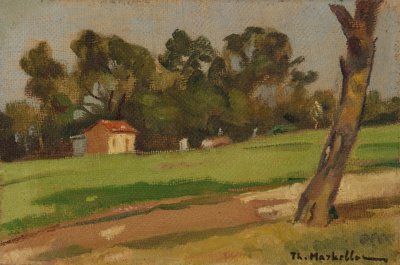 Mankafaia Simple Landscape with Trees in Background — Oil painting, Canvas, 24.00×36.00cm — Theodoros Markellos